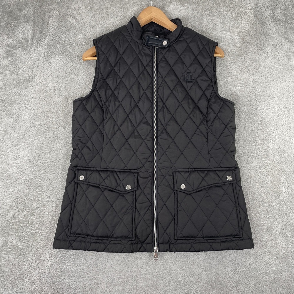 Lauren Ralph Lauren Quilted Vest Womens Small Black Mock Neck Full Zip Puffer
